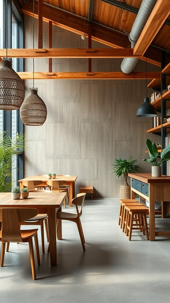 A modern dining area featuring wooden furniture and plants, emphasizing sustainable materials in home decor.