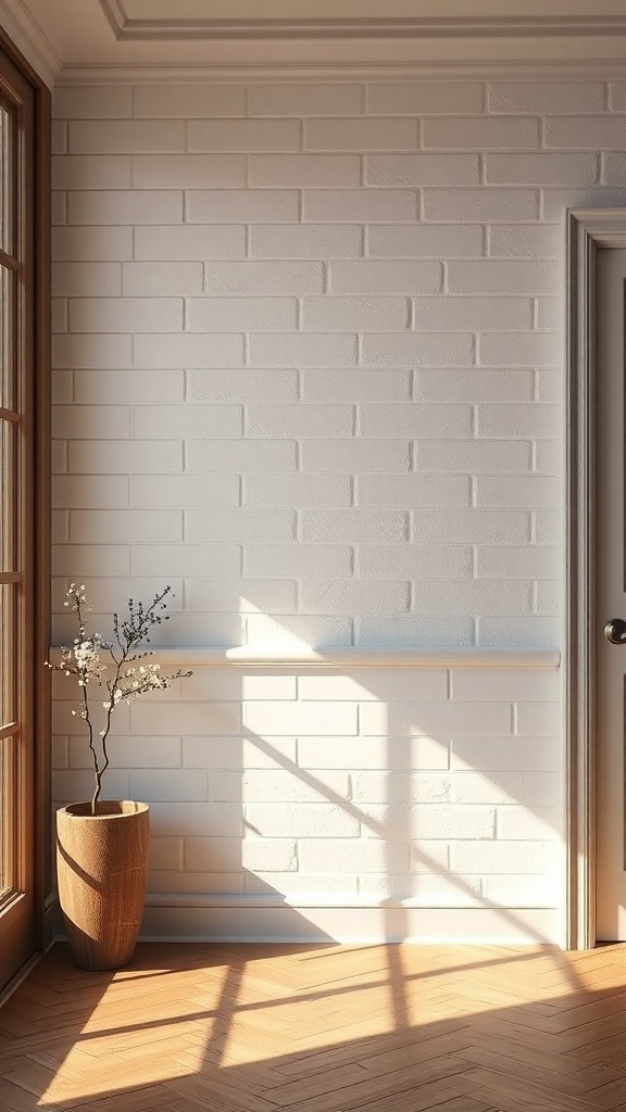 A bright room featuring a textured white brick wall, wooden flooring, and a vase with branches.