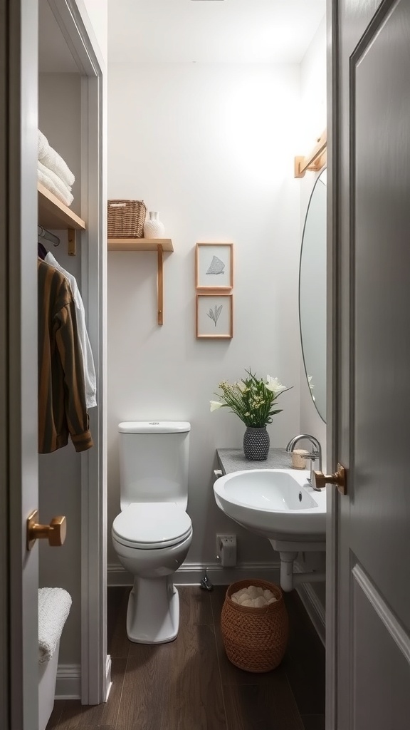 A small walk-in closet with a bathroom, featuring wooden shelves, a modern toilet, and a stylish sink.