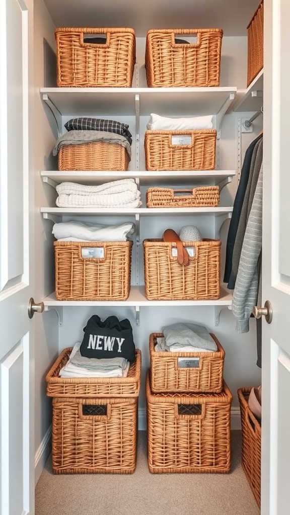 Organized small walk-in closet with woven baskets on shelves