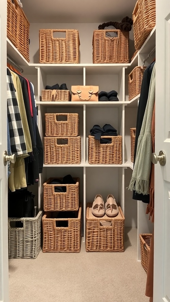A small walk-in closet with organized storage using woven baskets.