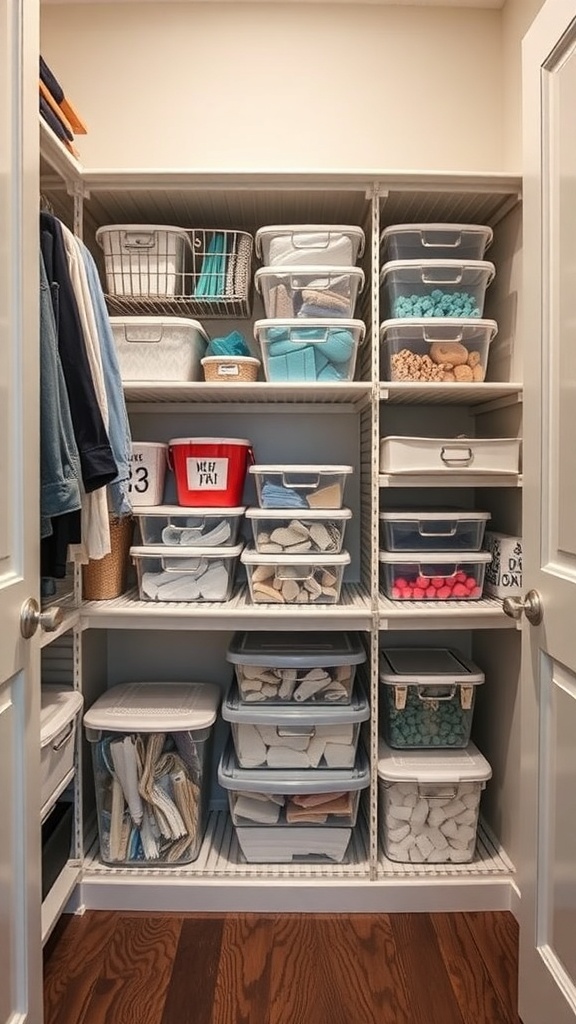 Organized small walk-in closet with clear containers