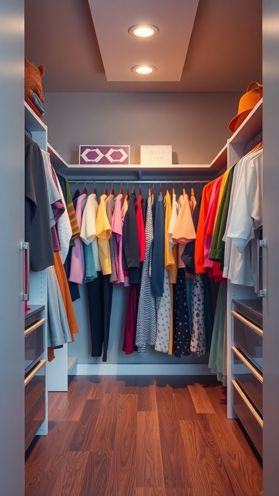 A small walk-in closet with clothes organized by color, showcasing a variety of vibrant garments.