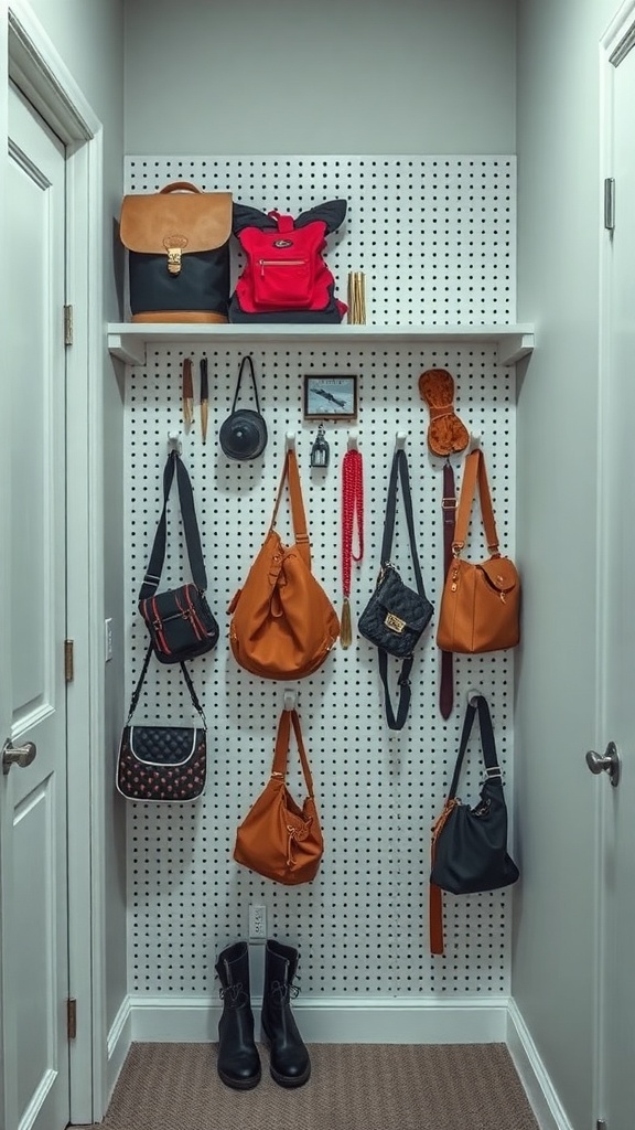 A small walk-in closet with a pegboard wall displaying various bags and a shelf with backpacks.