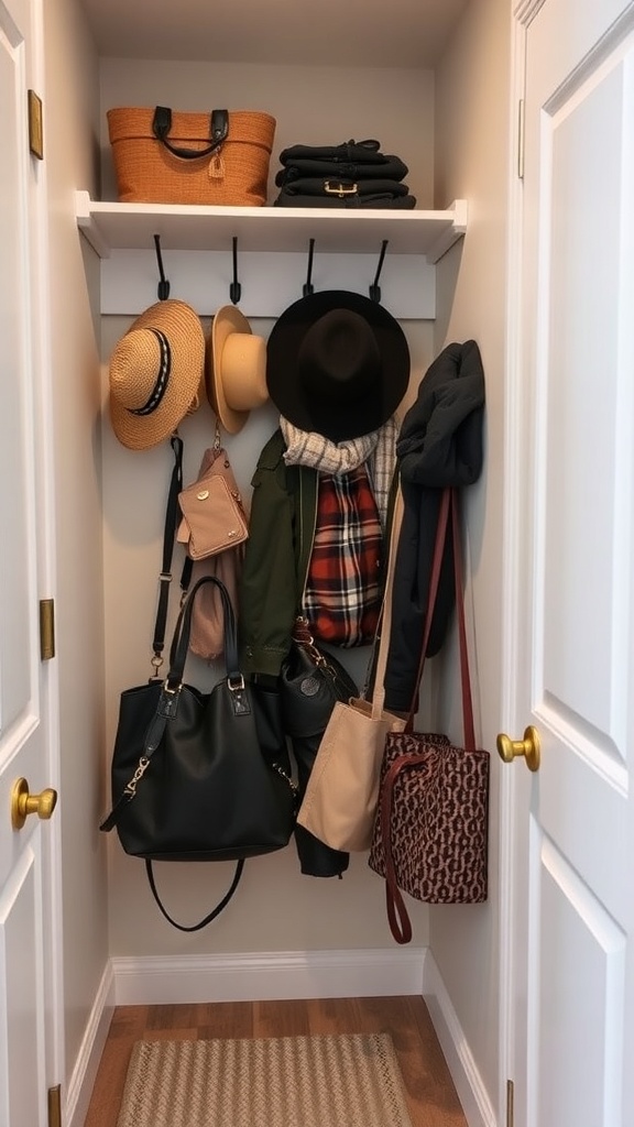 A narrow walk-in closet with bags and accessories hanging on hooks.