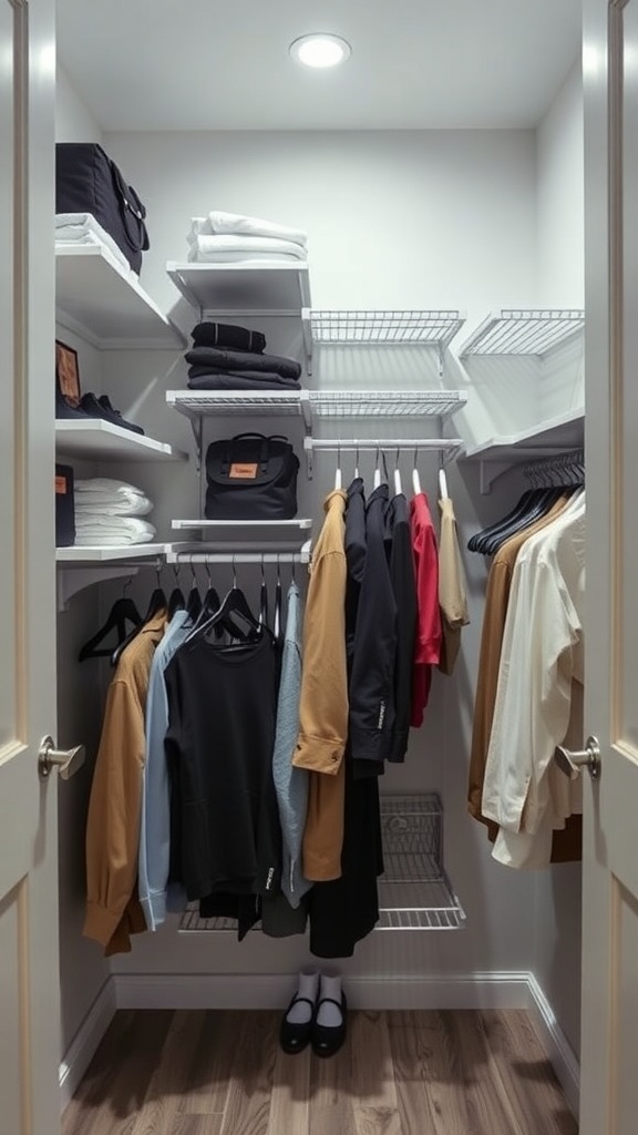 A small walk-in closet featuring wall-mounted shelves and hanging rods for organized storage.