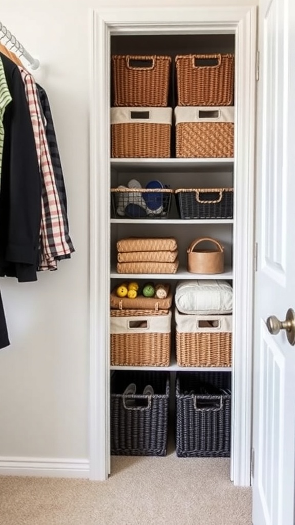 A small walk-in closet with neatly arranged baskets and bins on shelves, showcasing a tidy and organized space.