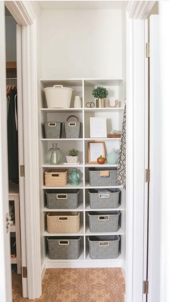 A corner shelf unit in a small walk-in closet, featuring organized baskets and decorative items.