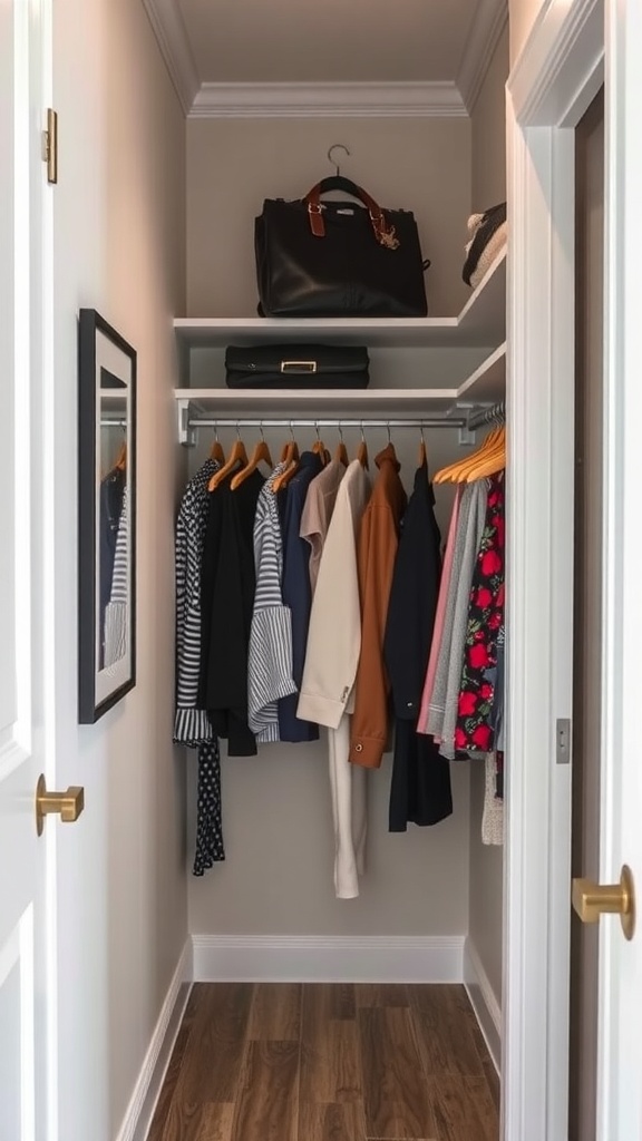 A narrow walk-in closet featuring a hanging rod with clothes, a shelf above for bags, and a mirror on the wall.