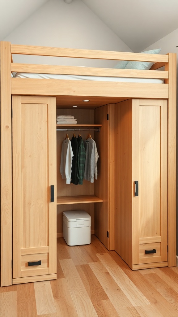Solid wooden loft bed with wardrobe and cabinet underneath, showcasing organized storage solutions.