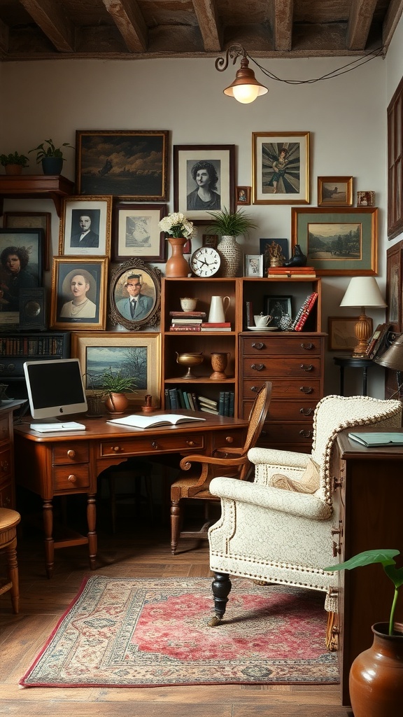 A cozy vintage-inspired workspace with framed portraits, wooden furniture, and a patterned rug.