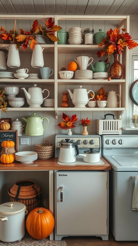 A vintage kitchenware display featuring teapots, cups, and autumn leaves on shelves, with pumpkins on the counter.
