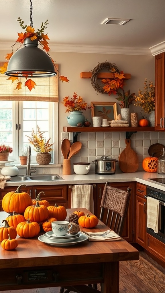 A cozy kitchen decorated for fall with pumpkins, autumn leaves, and warm wood tones.