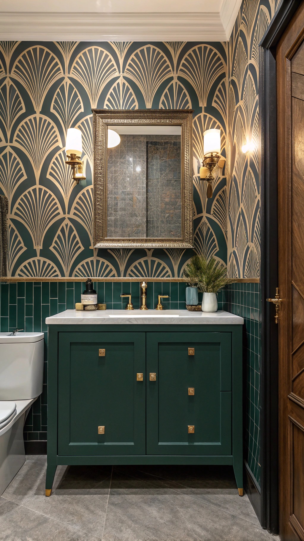 Art Deco inspired bathroom featuring bold wallpaper and a green cabinet.