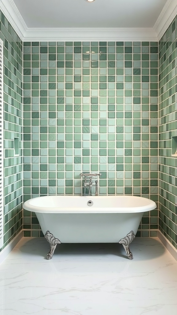A bathroom featuring green tile borders and a white bathtub.