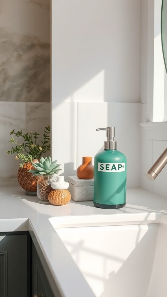 Artisan green soap dispenser on a bathroom counter with plants and decorative items.