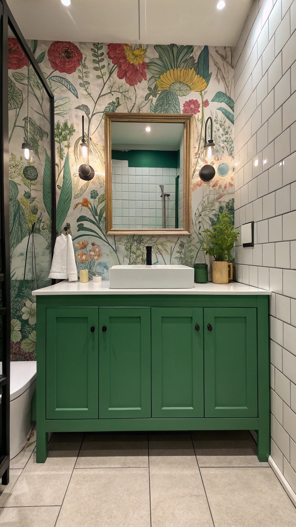 Bathroom featuring floral wallpaper and a green cabinet.