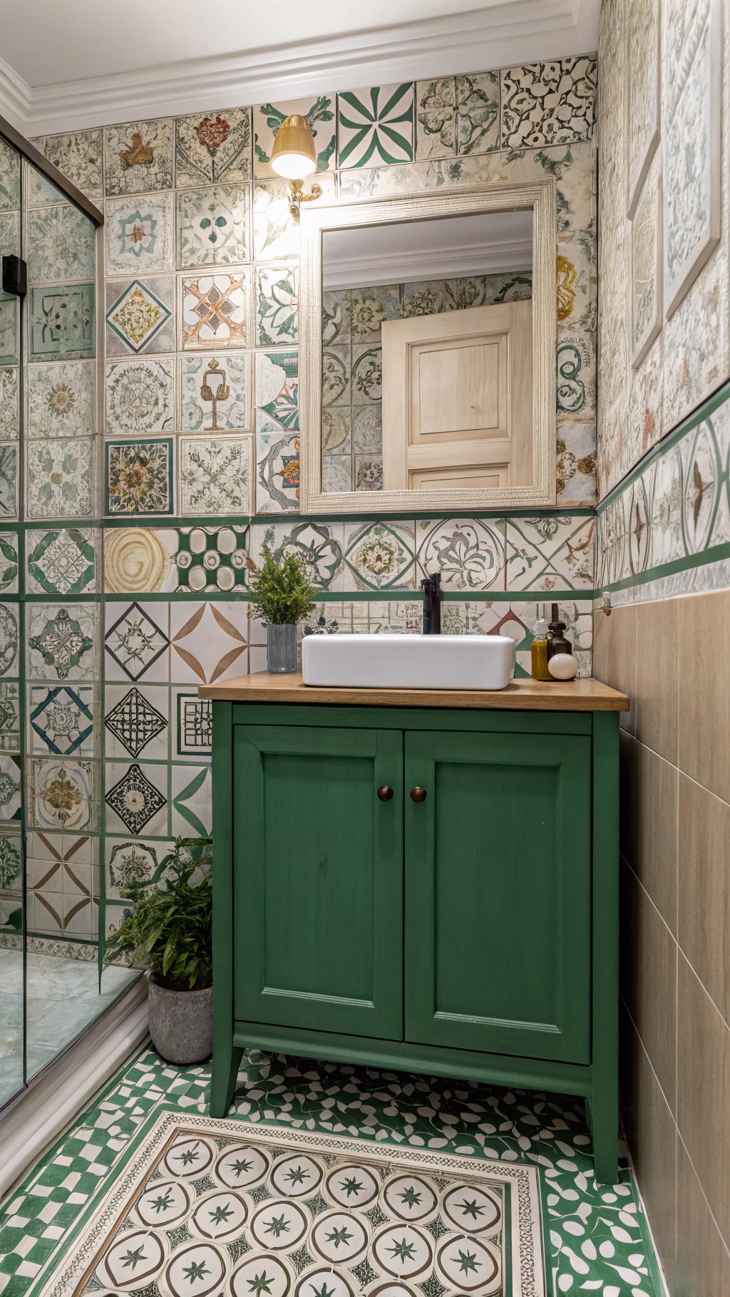 A bathroom featuring artistic tiles, coordinating wallpaper, and a green cabinet.