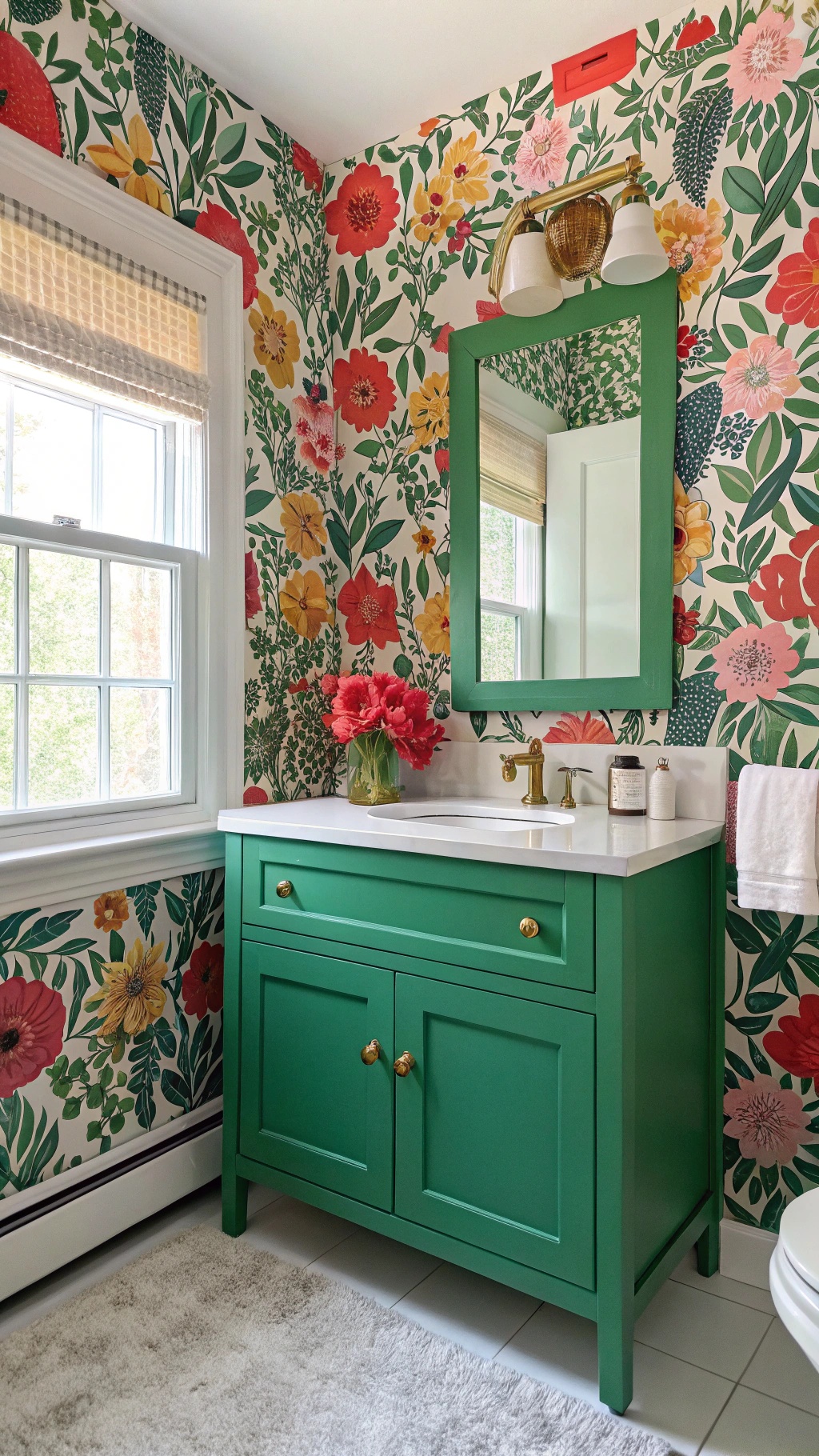 A vibrant bathroom featuring bold floral wallpaper and a green cabinet.