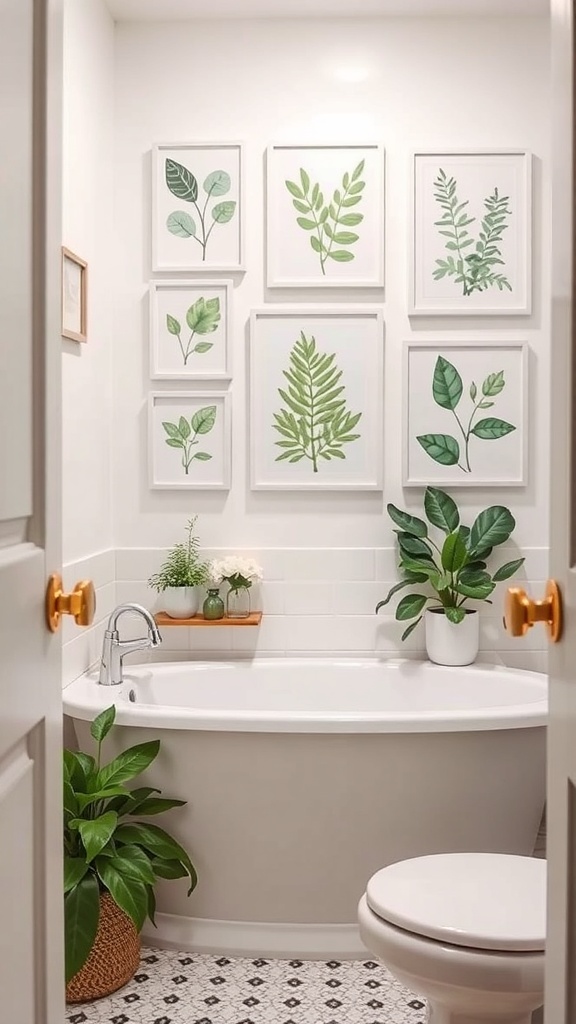 A bathroom featuring botanical green wall art with framed leaf prints and potted plants.