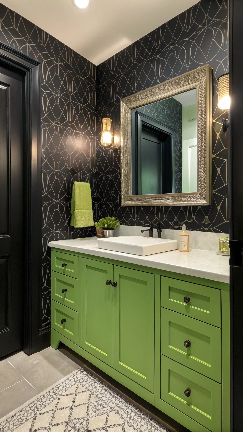Bathroom featuring dark wallpaper and a bright green cabinet.
