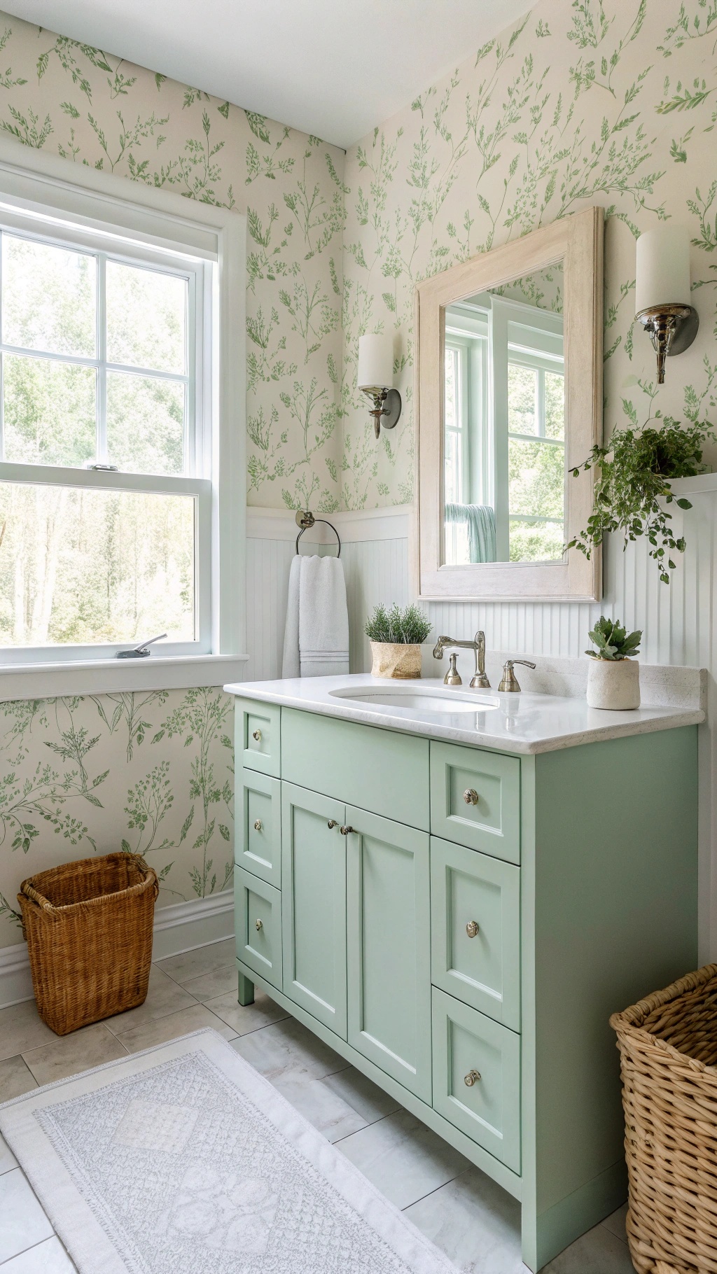 Bright bathroom featuring light colors, green cabinet, and floral wallpaper.