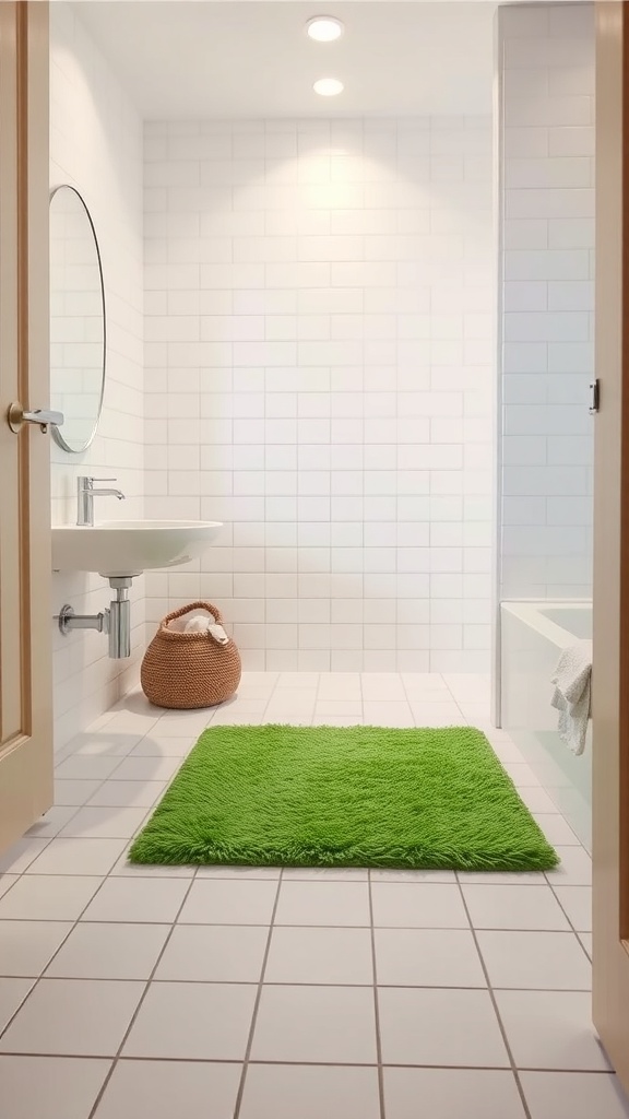 Bright green bathroom rug on white tiled floor
