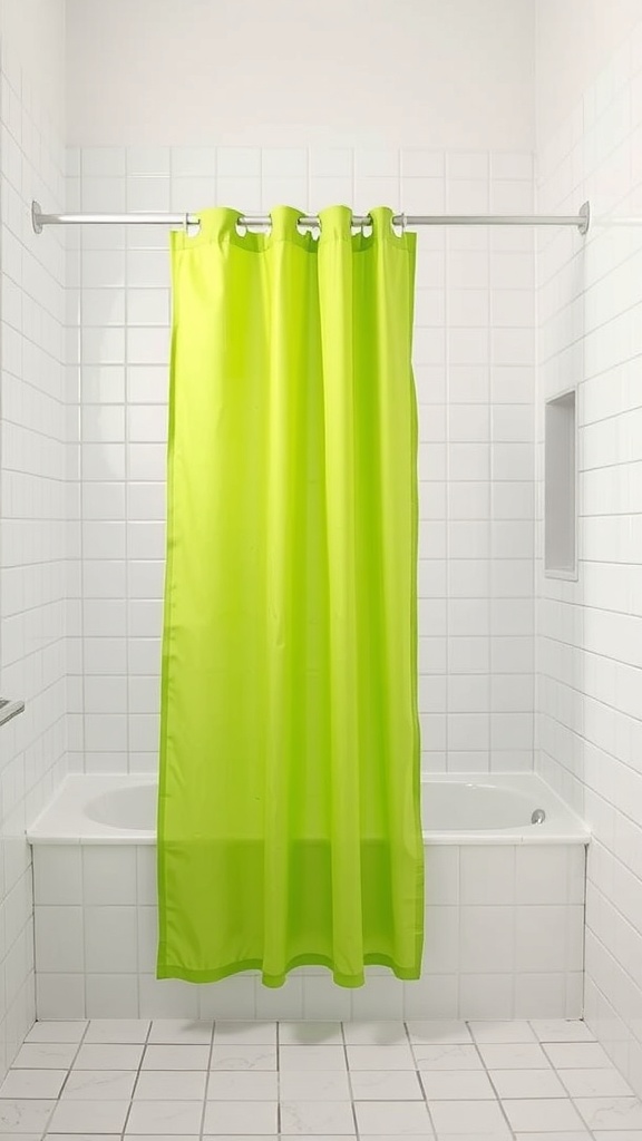 Bright green shower curtain in a white tiled bathroom