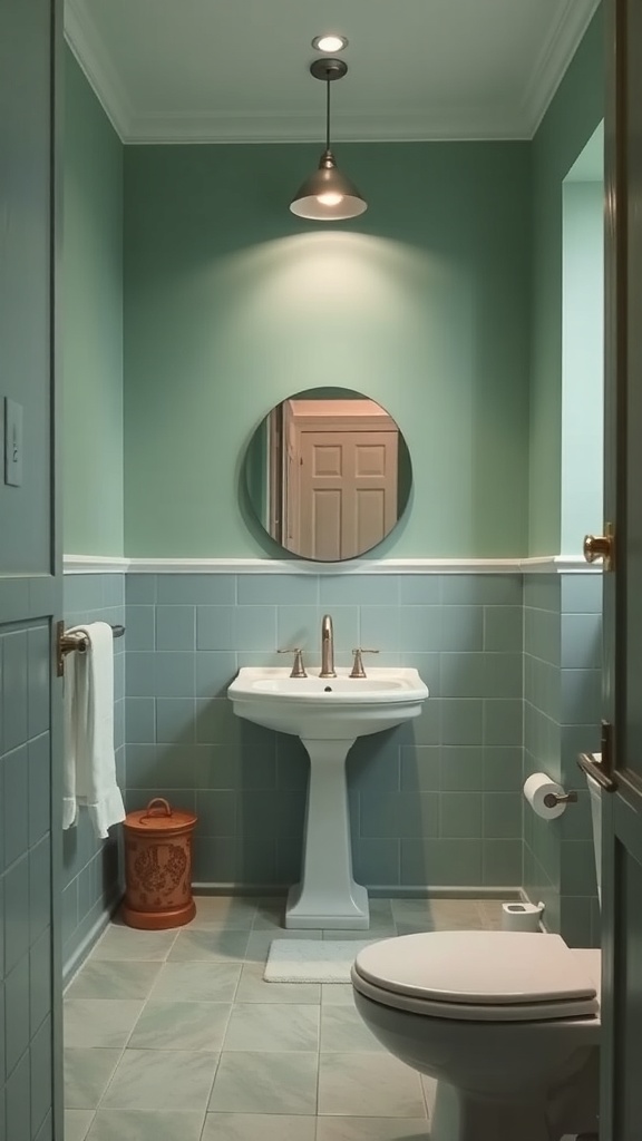 A calming green and white bathroom featuring light green walls, white sink, and a round mirror.