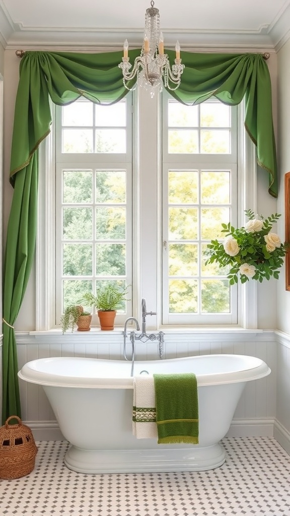 A bright bathroom featuring green window treatments, a white bathtub, and potted plants.