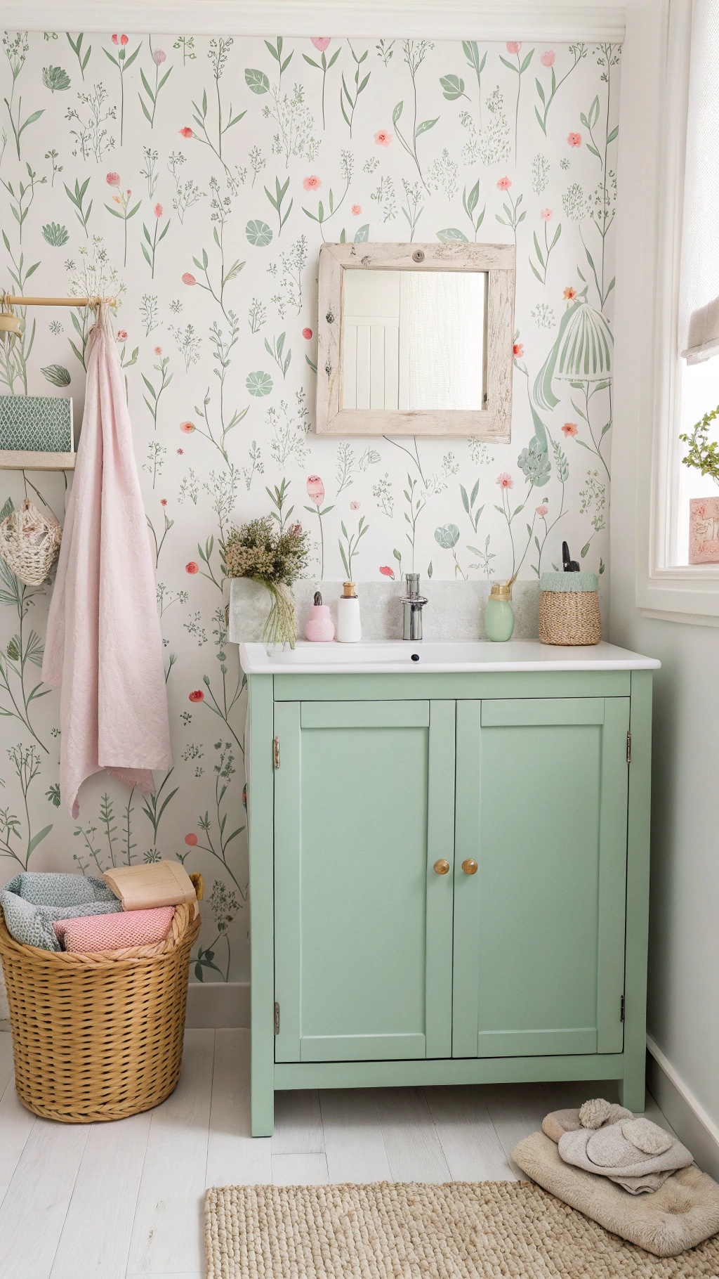 A bathroom featuring floral wallpaper and a green cabinet.