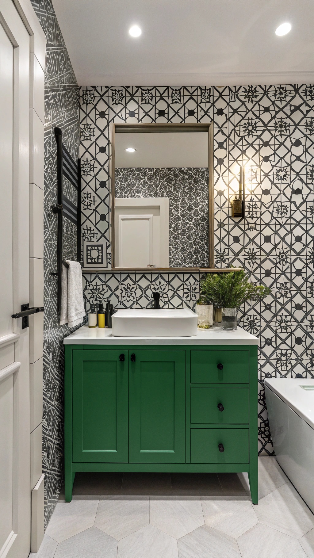 A stylish bathroom featuring black and white patterned wallpaper and a vibrant green cabinet.