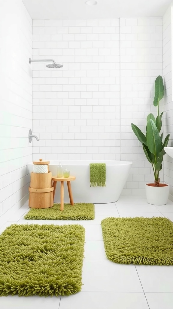 Chic green bathroom rugs on white tiled floor with a bathtub and plant