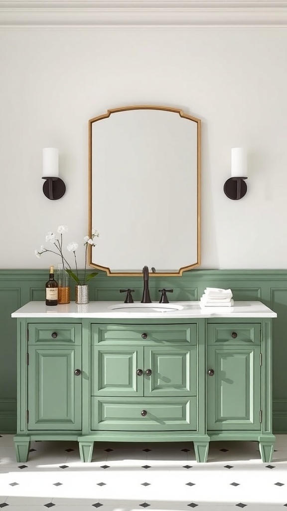 A stylish green bathroom vanity with a white countertop and elegant mirror.