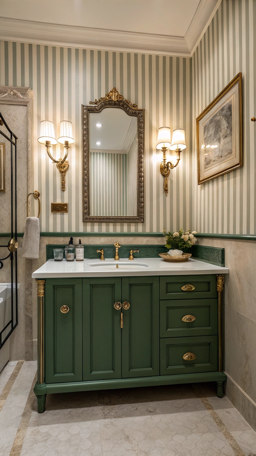 Bathroom featuring classic striped wallpaper and a green cabinet.