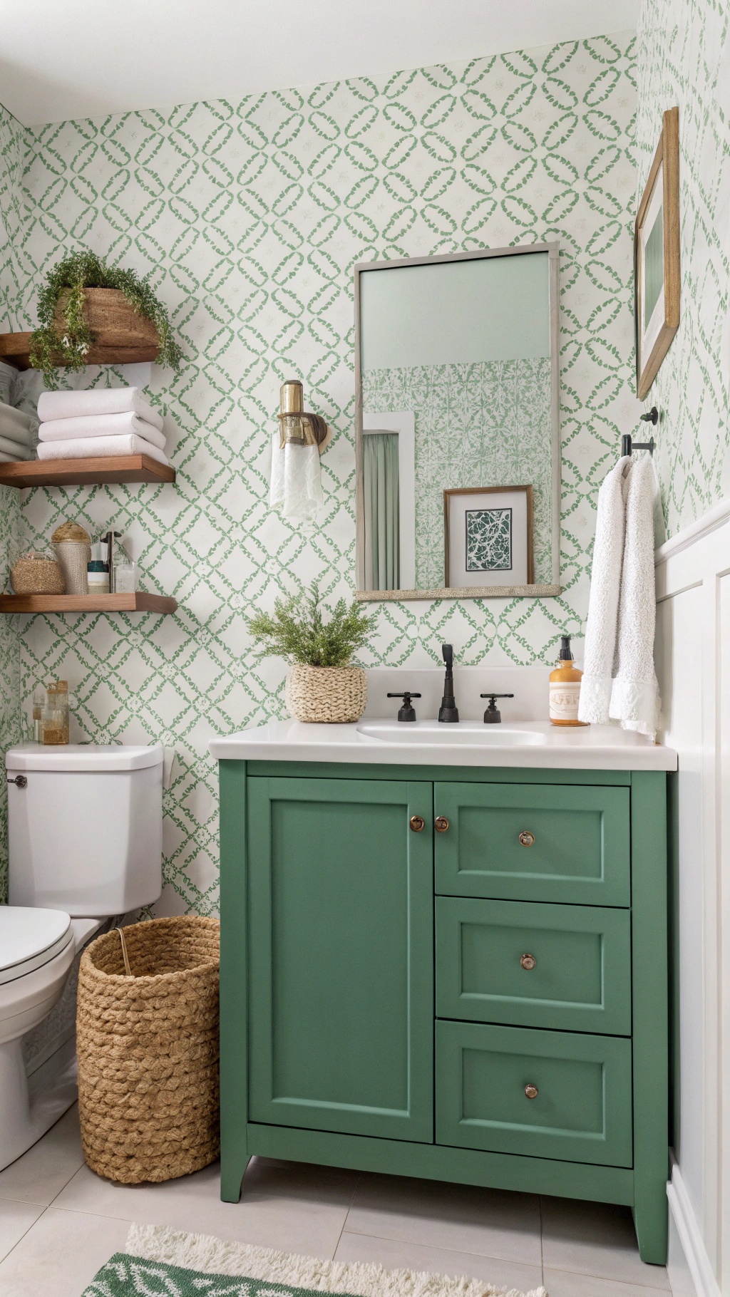 A stylish bathroom featuring green cabinet, patterned wallpaper, and natural accessories.