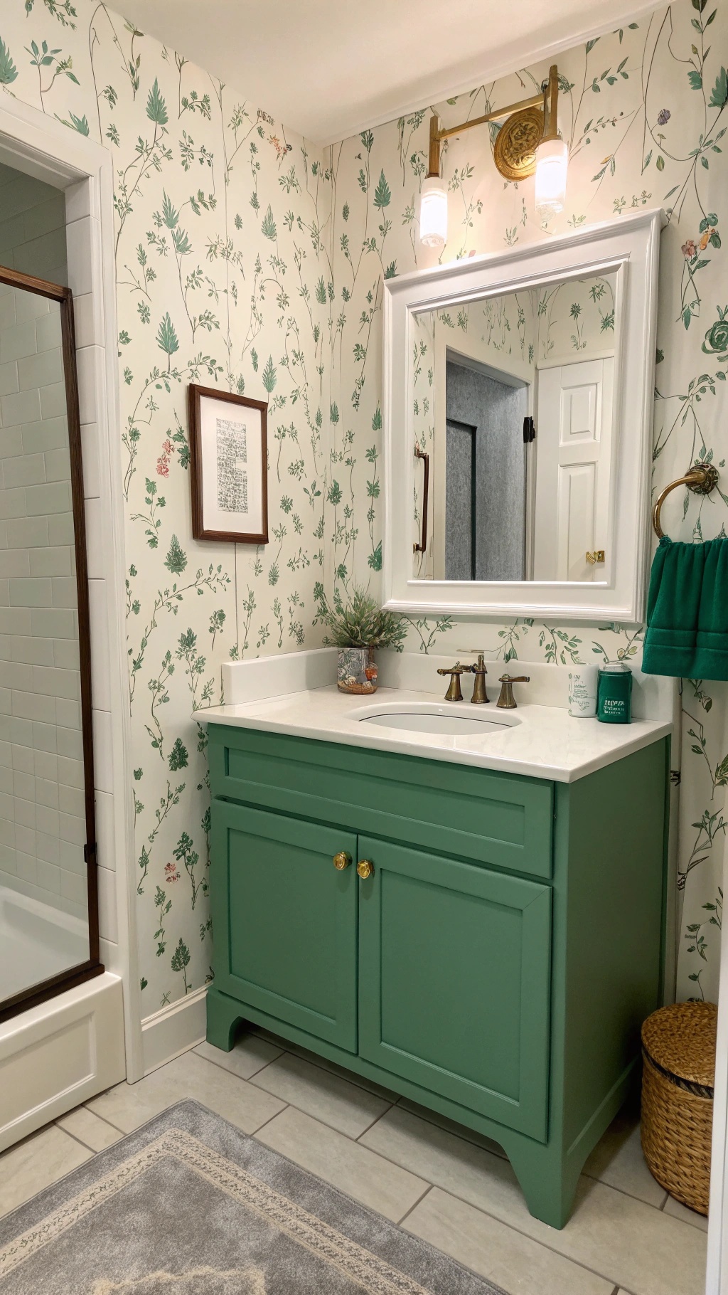 Bathroom featuring floral wallpaper and a green cabinet