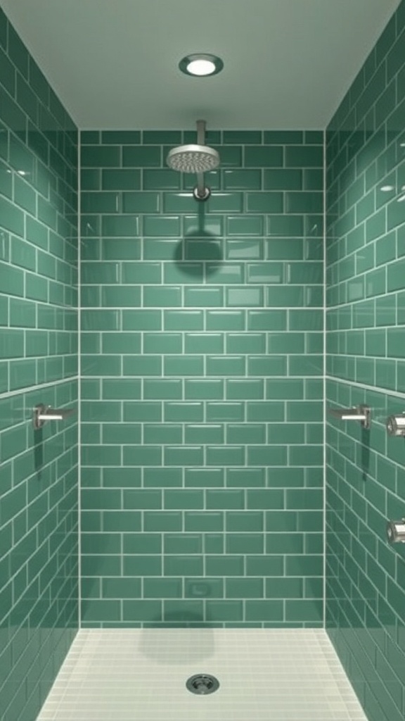 A contemporary shower niche with green glossy tiles and modern fixtures.