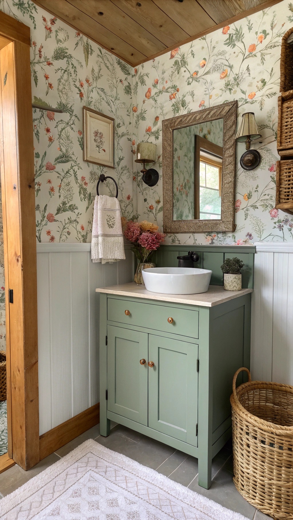 A cozy bathroom featuring floral wallpaper and a green cabinet.