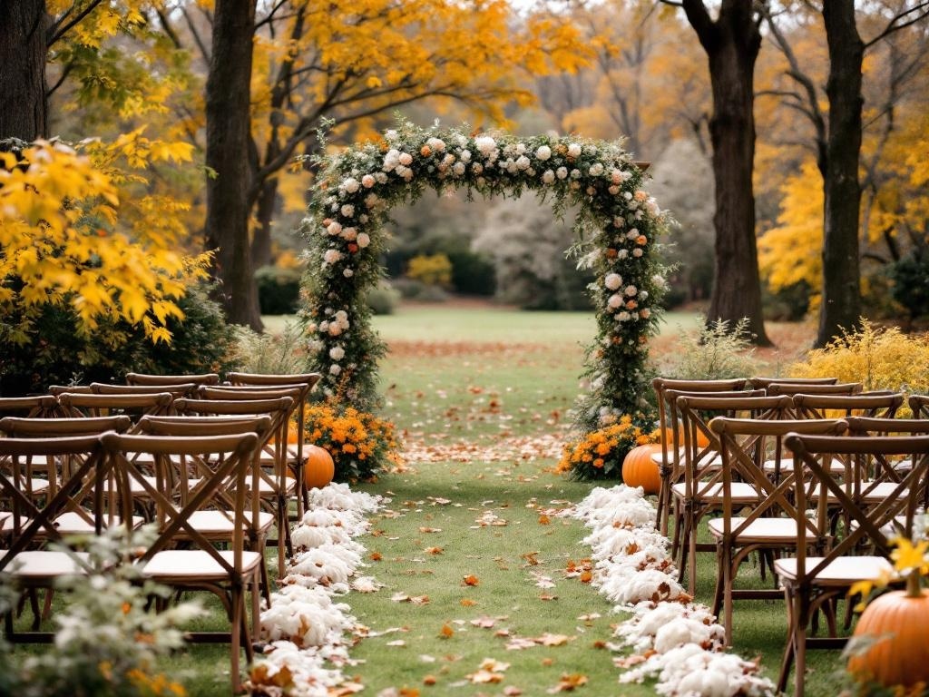 Outdoor wedding ceremony setup with wooden chairs, floral arch, and autumn leaves.