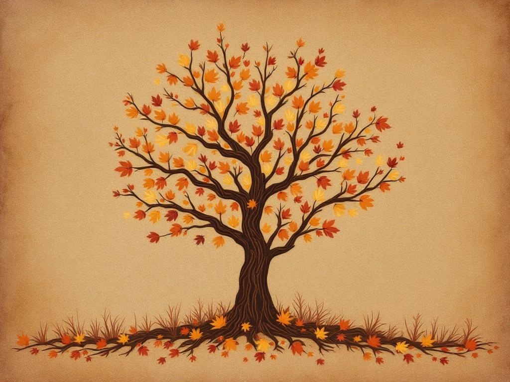 Illustration of a tree with colorful autumn leaves on a textured background.