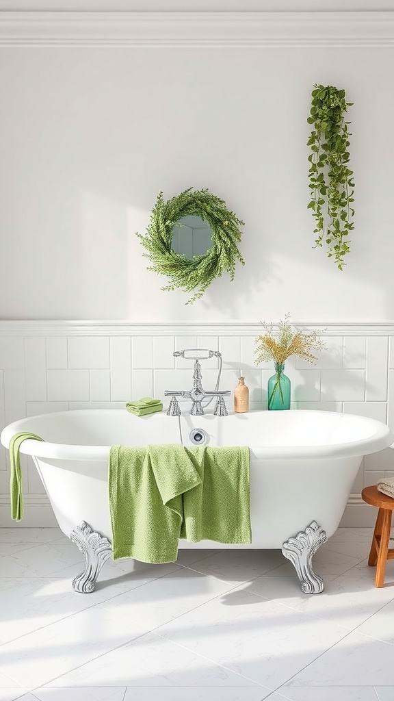A white bathtub with green towels and plants, showcasing a fresh bathroom design.