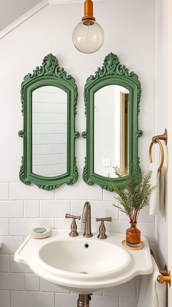 Two decorative green framed mirrors above a white sink in a bathroom.