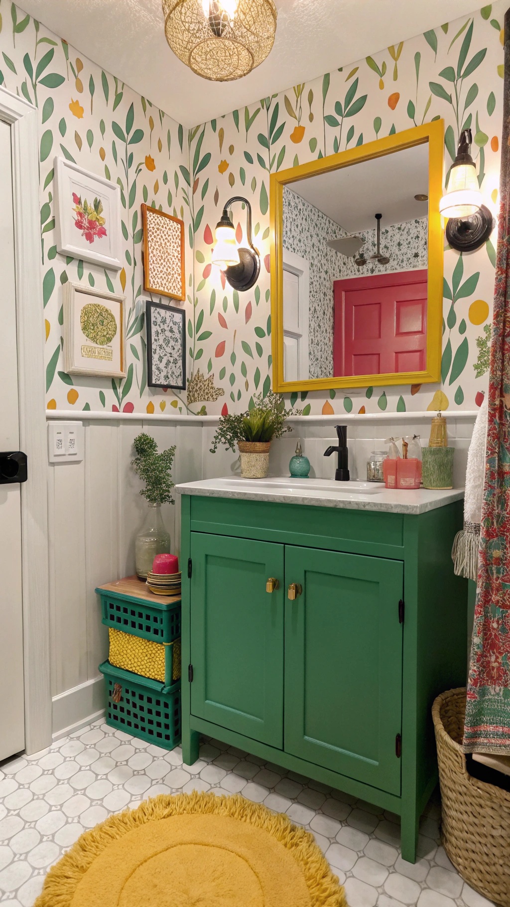 A colorful bathroom featuring a green cabinet, vibrant wallpaper with floral patterns, and a yellow rug.