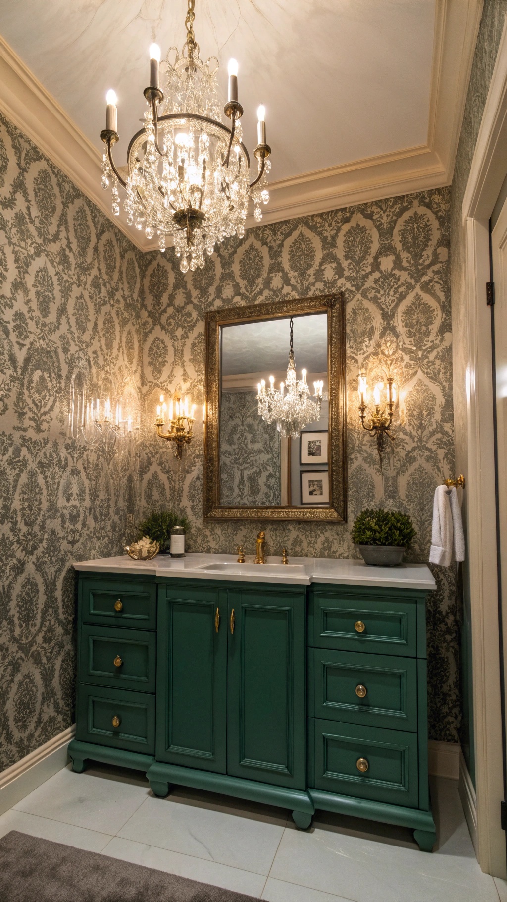 A luxurious bathroom featuring damask wallpaper and a green cabinet.