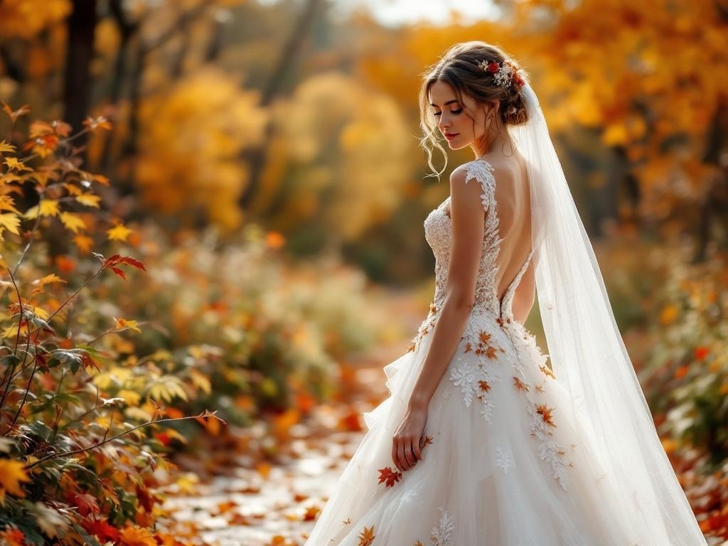 A bride in a beautiful lace gown with floral details, standing in a fall landscape with colorful leaves.