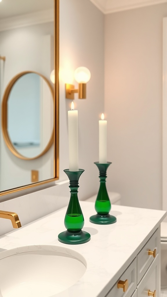Two green candle holders with white candles on a bathroom countertop