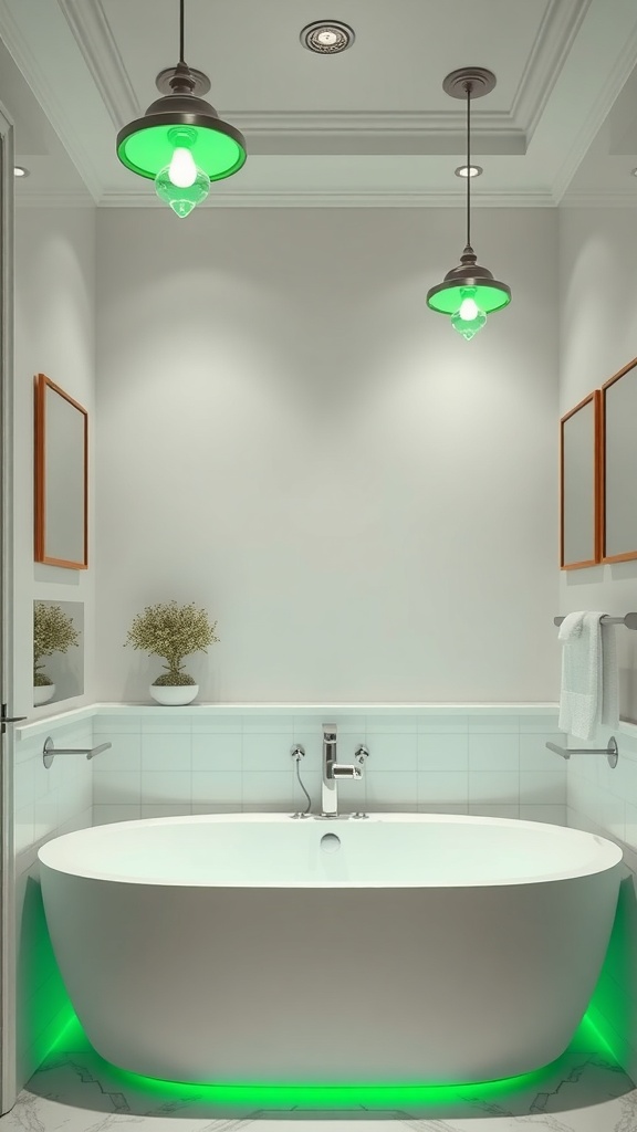 A modern bathroom with green lighting fixtures and a white bathtub.