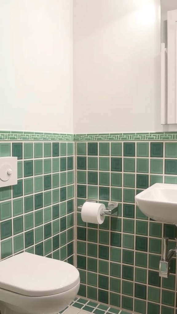 A bathroom featuring green tile accents on the walls and floor.