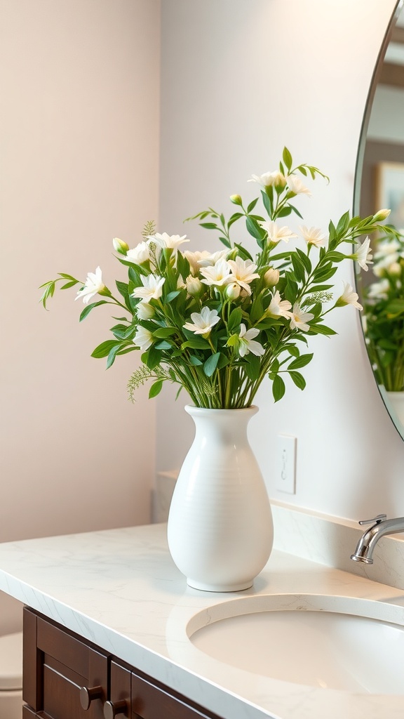 A white vase with green and white flowers on a bathroom countertop.